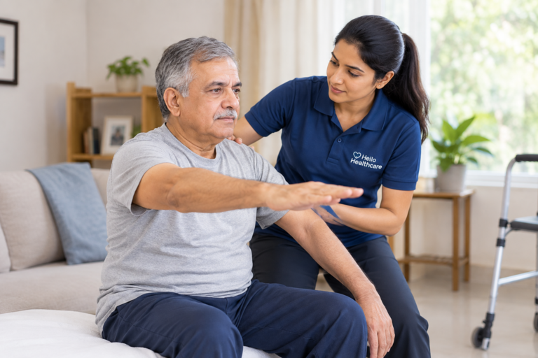 physiotherapist helping stroke patient with rehabilitation at home